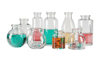 Collection of colored liquid containers isolated on transparent background