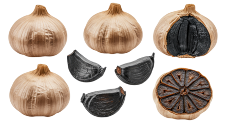 Black garlic bulbs and separated glossy black cloves with golden papery skins, shown whole, peeled and cross-sectioned to display soft fermented interior as a gourmet culinary ingredient