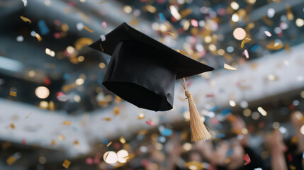 A colorful academic celebration unfolds with a graduation cap, earned diploma, and a dramatic shower of confetti capturing excitement and accomplishment. cinematic color correction, natural uneven