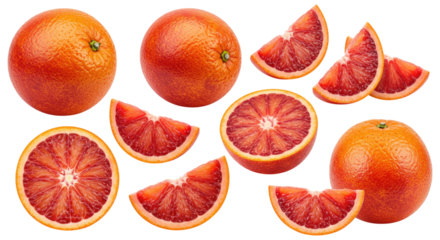 Fresh whole and sliced blood oranges on transparent background showing vibrant red pulp and bright orange rind