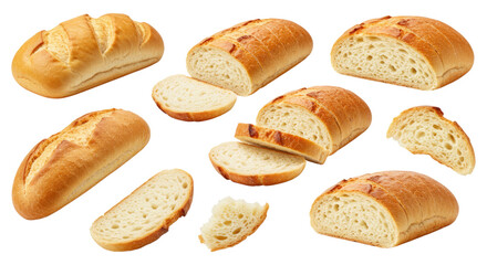 Assorted freshly baked white bread loaves and sliced pieces with golden crusts and soft airy crumb, arranged on a transparent background