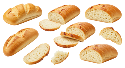 Assorted freshly baked white bread loaves and sliced pieces with golden crusts and soft airy crumb, arranged on a transparent background