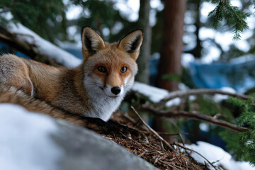 Fototapeta premium A striking red fox peers from its rocky perch, highlighting its intelligent gaze and intricate fur patterns, beautifully merging with the snowy forest backdrop.