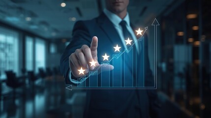 Businessman touching virtual growth chart with glowing five stars, modern office background, realistic lighting