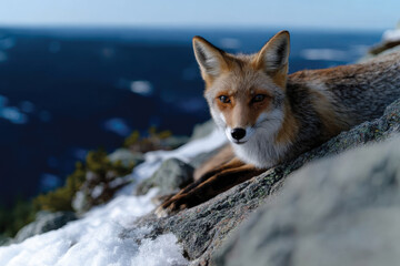 Fototapeta premium A red fox relaxes on a rocky surface, its posture exuding calmness, with a breathtaking vista of snow-covered landscape stretching into the background.