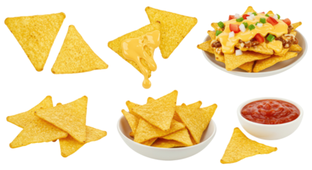 Assorted triangular tortilla chips and nachos with melted cheese, diced toppings and a bowl of salsa on a transparent background