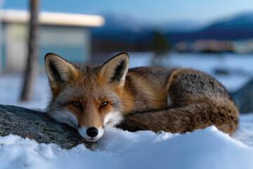 Fototapeta premium A red fox rests on a snowy surface next to a rock, showcasing its regal beauty and tranquil demeanor, harmonizing perfectly with the cold winter landscape.