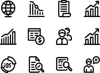Minimalist business and finance line icon set featuring analytics charts, reports, global market, financial documents, performance growth, communication, and audit concepts. Clean outline vector icons