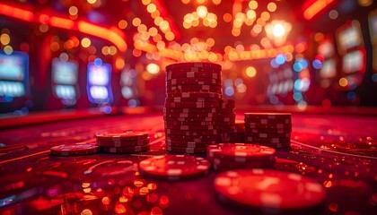 Casino night featuring stacks of red poker chips on a glossy game table, blurred slots and bright lights behind