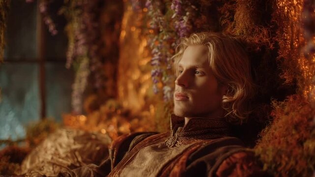 Pensive blonde man in regal attire amidst mystical golden foliage