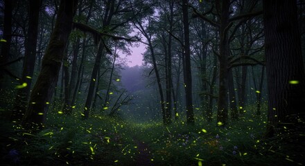 Obraz premium Glowing fireflies in a serene forest at dusk create a magical scene