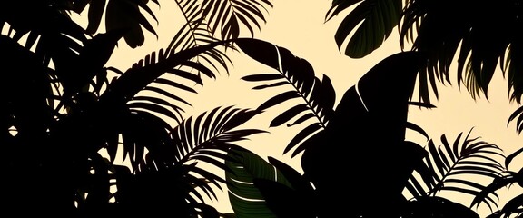 Dark silhouettes of various tropical leaves against a bright background,   black,  foliage