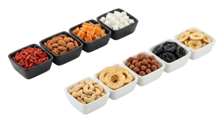 Assortment of Healthy Snacks in Bowls: Nuts, Dried Fruits, Cereals
