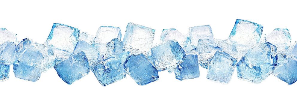 Blue Ice Cubes Arranged in a Row on White Background