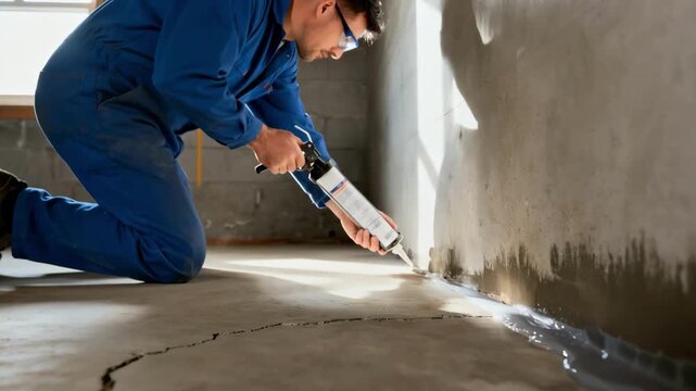 Medium shot of a worker applying sealant to a basement floor edge to prevent moisture seepage and enhance waterproofing protection.