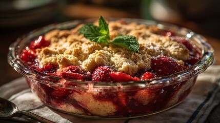 Strawberry cake cobbler photographed at golden hour, warm highlights, nostalgic summer feel