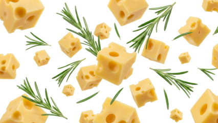 Falling Cheese Cubes with Rosemary Sprigs - Food Pattern