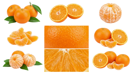 Fresh Oranges Collage: Whole, Peeled, Sliced, and Texture Details