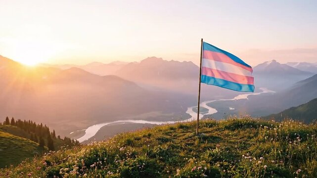 Trans Flag on Hill Overlooking Mountains at Sunrise INTERNATIONAL TRANSGENDER DAY OF VISIBILITY