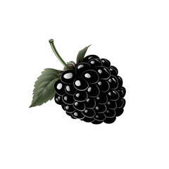 Illustration of a ripe blackberry with green leaves on a white background