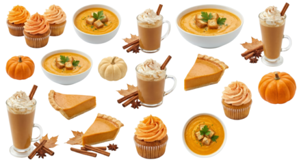 Autumn Harvest Food Collage: Pumpkin Pie, Soup, Cupcakes & Lattes