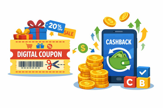 Digital coupon and cashback concept with mobile app and savings illustrations - Powered by Adobe
