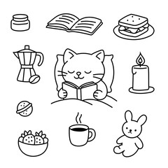 Children&rsquo;s Coloring Page Elements; Simple Bold Line Food and Items Illustration
