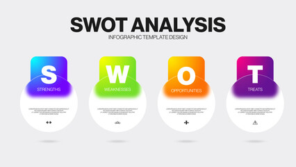 SWOT analysis infographic template data visualization for marketing and business strategy. Minimalist design with colorful glassmorphism style and icons.