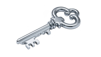 Silver key with ornate heart-shaped bow isolated on transparent background