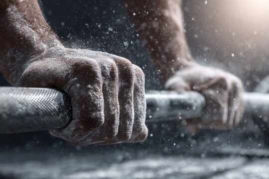 Close-up of a powerfully gripped barbell covered in chalk dust during an intense weightlifting workout