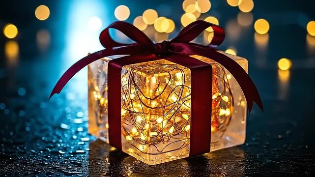 Magical Glowing Gift Box with Red Ribbon and Festive Lights.