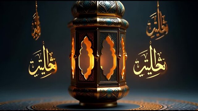 Ornate Arabian Lantern with Golden Calligraphy Illuminating a Festive Night, Evoking a Sense of Tradition and Celebration