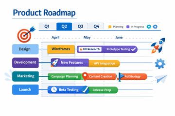 Business product roadmap timeline for project development and marketing strategy