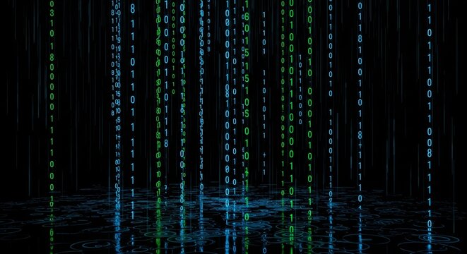 Binary Code Matrix Digital rain of green and blue binary code (zeros and ones) falling vertically against a dark black background