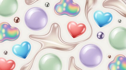 Vibrant colorful hearts and bubbles on white background
