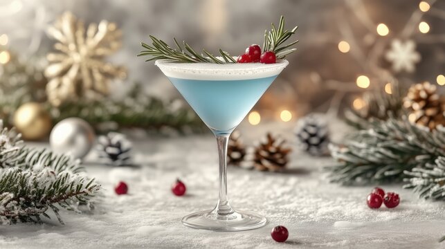 Blue cocktail with crance, ice and cinnamons in the background.