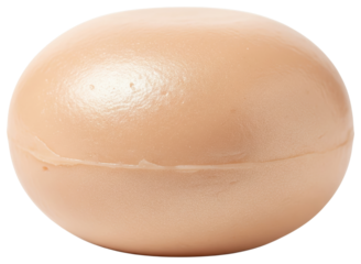 Smooth round beige bar of soap for washing hands and body hygiene on a transparent background