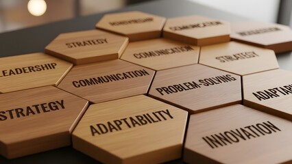 Essential business and personal development skills displayed on hexagonal wooden blocks