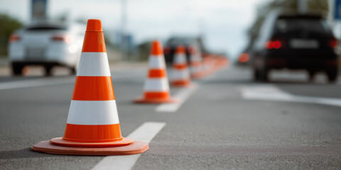 Traffic cones positioned in a line on an asphalt road with cars driving by in the background