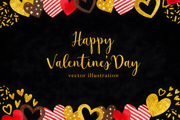 黒い背景に金の文字と水彩ハートのバレンタインフレームデザイン