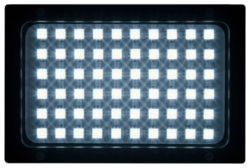 Rectangular black LED floodlight panel with multiple bright diodes on a transparent background