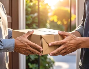 Box exchange Two hands exchanging a closed cardboard box near a door on a sunny day, light spilling in from behind