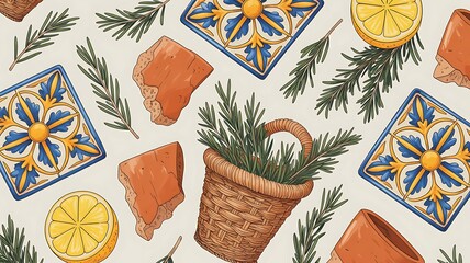 Vibrant still life with rosemary, lemons, and rustic tiles