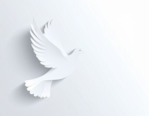 Fototapeta premium Elegant white paper cutout dove gracefully flying with outstretched wings, symbolizing peace and freedom against a subtle light background, artistic shadow adding depth