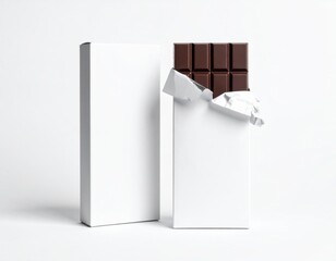 Two plain white boxes display a delicious dark chocolate bar partially unwrapped from its silver foil packaging, perfect for food product branding and advertising mockups
