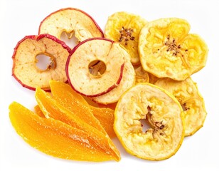 Assortment of vibrant dried fruit, featuring crispy apple rings, sweet banana chips, and chewy mango slices, arranged on a clean white background for a healthy snack