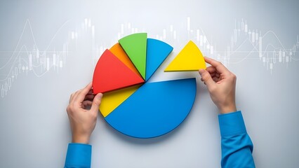 Strategic data visualization: hands completing a vibrant pie chart amidst business analytics.