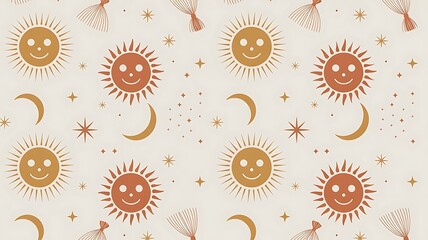 Whimsical celestial pattern with smiling suns and moons in warm hues