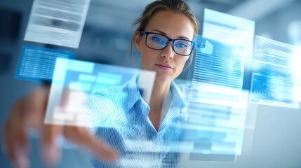 A focused woman interacts with digital displays, showcasing modern technology and data visualization in a professional setting.