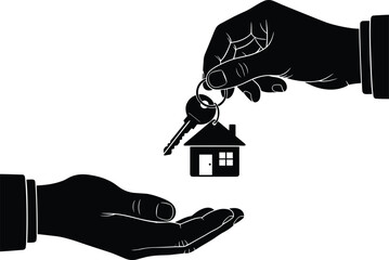 Black Silhouette Vector of Hand Giving House Keys to Another Person Symbolizing Real Estate Sale Property Closing Mortgage Approval and New Home Ownership Journey